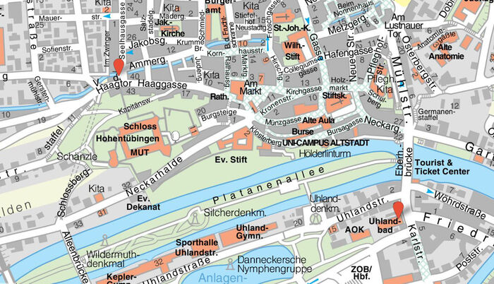 Ausschnitt aus dem Tübinger Stadtplan mit den Standorten der Teststationen.