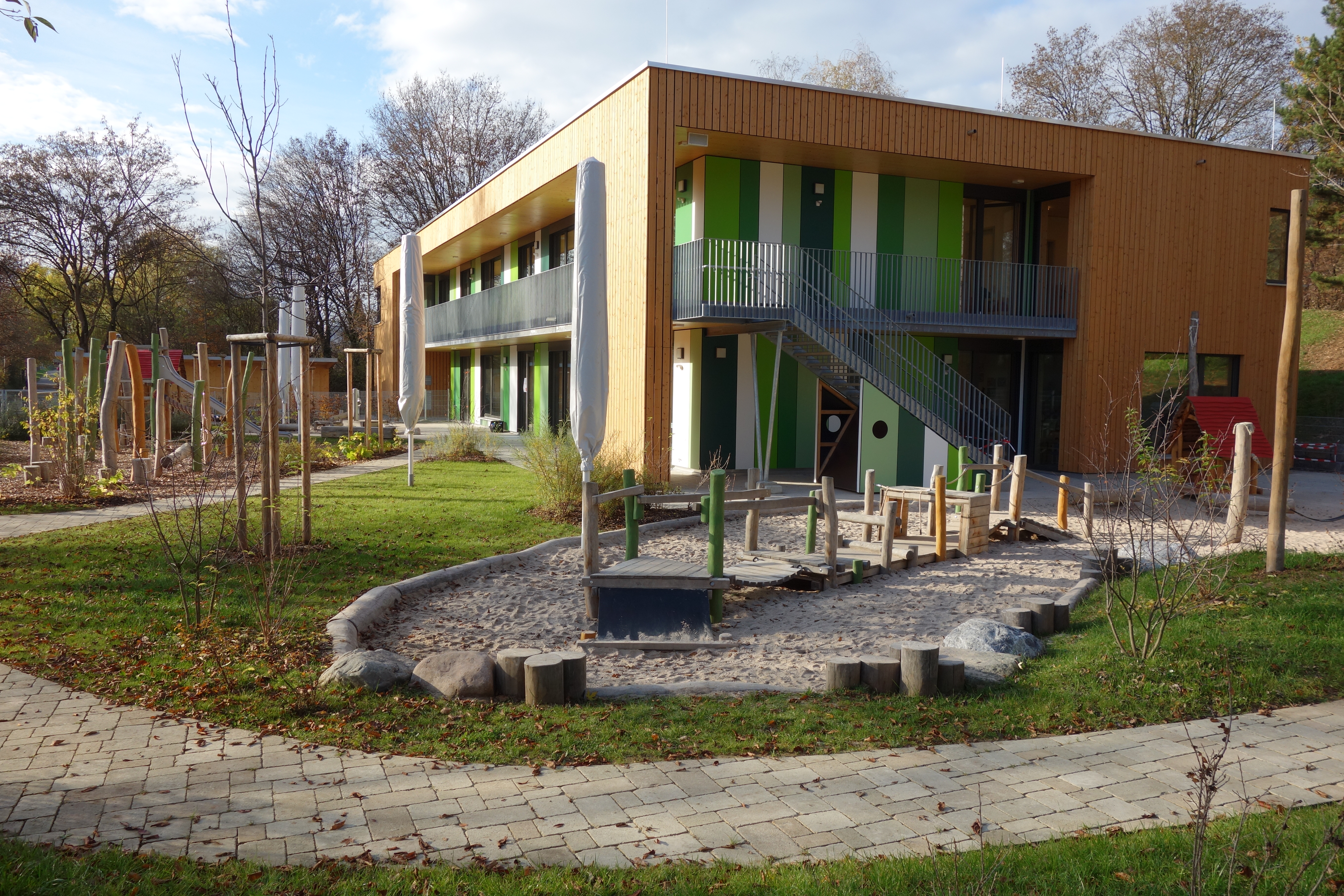 Im Vordergrund ist ein Sandkasten mit einem Steg erkennbar, Im Hintergrund ist das Kinderhaus Aischbach abgebildet. Lins befindet sich der Garten mit vier geschlossenen Sonnenschirmen.