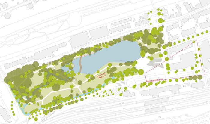 Die Grafik zeigt, in welchen Bereichen des Anlagenparks Bäume neu gepflanzt werden sollen.