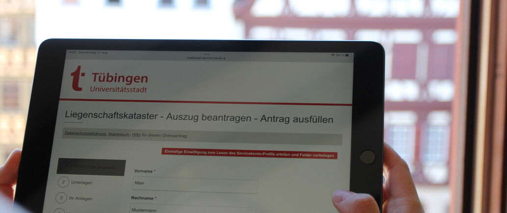 Person, die ein Tablet in der Hand hält und online einen Antrag ausfüllt