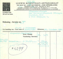 weißes Papier mit schwarzer Schrift (Rechnung Antiquariat Rosenthal)