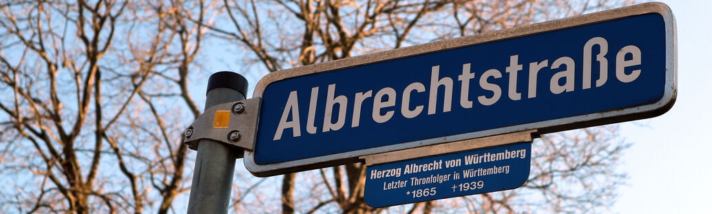 blaues Straßenschild mit weißer Aufschrift 