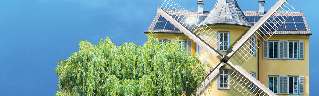 Fotomontage: Hölderlinturm mit Solarzellen und Windmühle