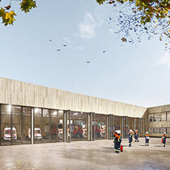 Visualisierung Hallenausfahrt und Fahrzeughalle Neubau Feuerwehrhalle Lustnau, Halle mit gro&szlig;en verglasten T&uuml;ren, dahinter Feuerwehrfahrzeuge, davor ein gro&szlig;er Hof