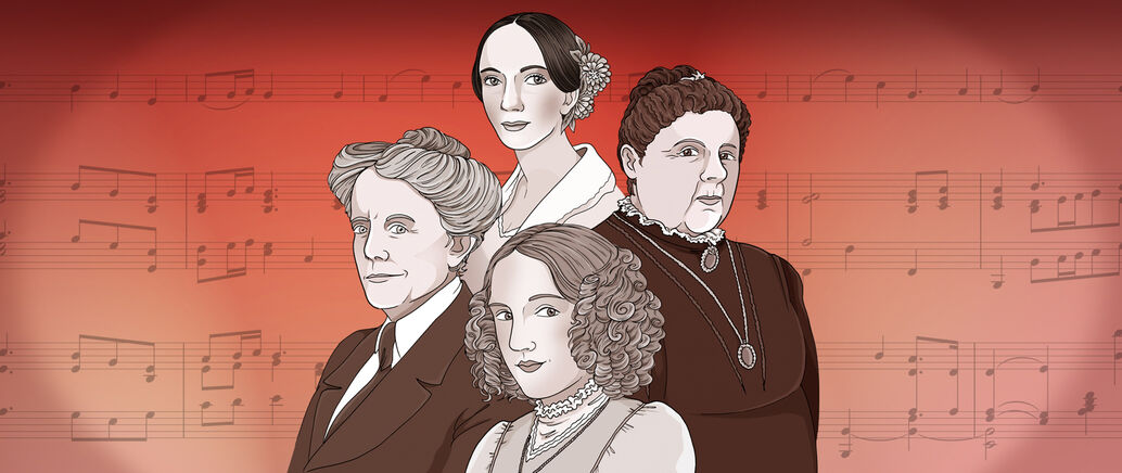 K&uuml;nstlerische Grafik von vier Frauen unterschiedlichen Alters in historischer Kleidung