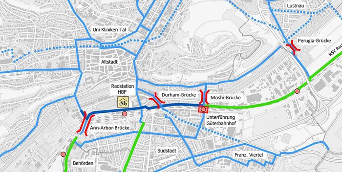 Stadtplan mit den vier Brücken