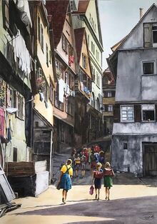 Das Gem&auml;lde zeigt Schulkinder in der Rathausgasse von hinten