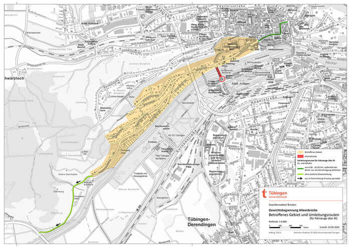 Stadtplan mit betroffenem Gebiet Alleenbr&uuml;cke und Umleitungsrouten