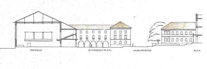 Nie realisiert: Pl&auml;ne f&uuml;r eine Festhalle mit Aufmarschplatz gegen&uuml;ber der Neuen Aula aus dem Jahr 1938.