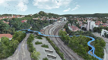 Rendering der Radbr&uuml;cke West, Aufnahme aus der Luft, Br&uuml;cke f&uuml;hrt &uuml;ber Stra&szlig;en und Gleise