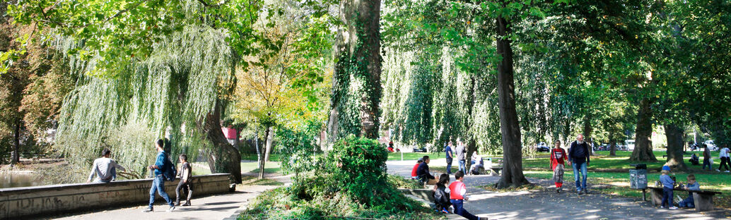 Blick in einen Park mit Menschen und B&auml;umen