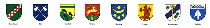 Die Wappen der neun Ortsteile T&uuml;bingens