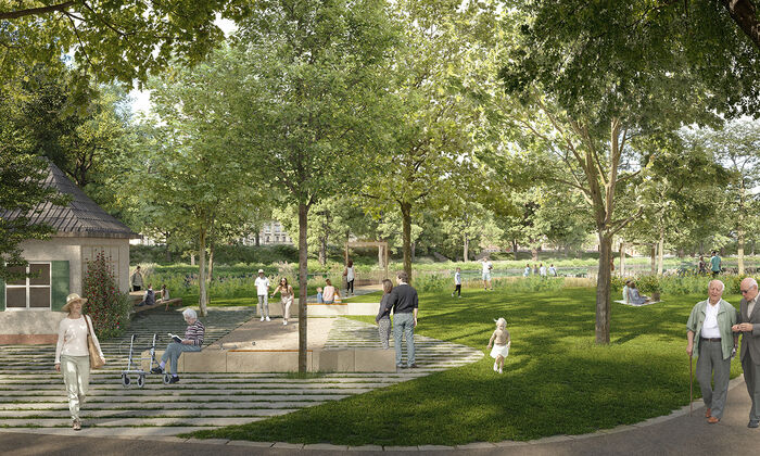 Visualisierung vom Parkw&auml;chterh&auml;uschen und dem Platz der Partnerst&auml;dte