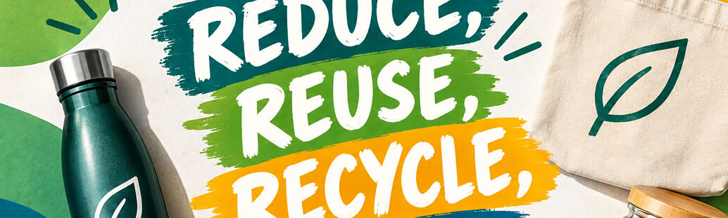 Schriftzug recycle, reuse, reduce, eine Trinkflasche, Glas mit K&ouml;rnern